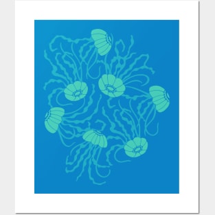 JELLIES Gently Swimming Jellyfish Coastal Ocean Undersea Aquarium Sea Creatures in 1970s Retro Turquoise on Blue - UnBlink Studio by Jackie Tahara Posters and Art